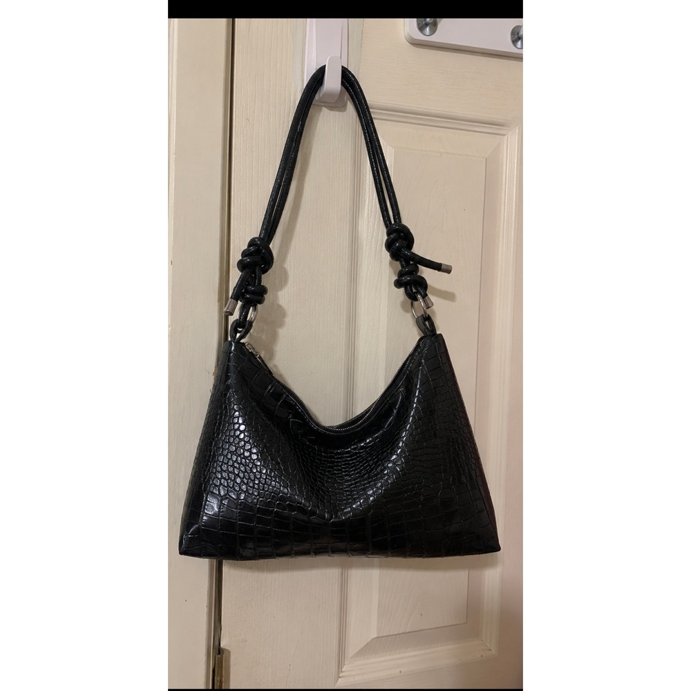 Black Crocodile Embossed Knotted Strap Shoulder Bag Hobo Faux Leather Silver Zip